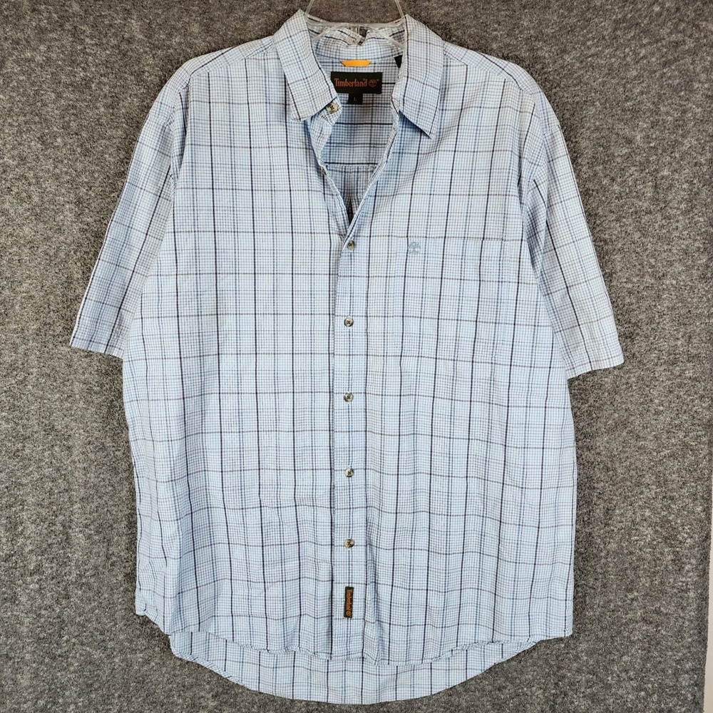 Timberland Shirt Mens L Short Sleeve Plaid Light Blue Button Down EUC